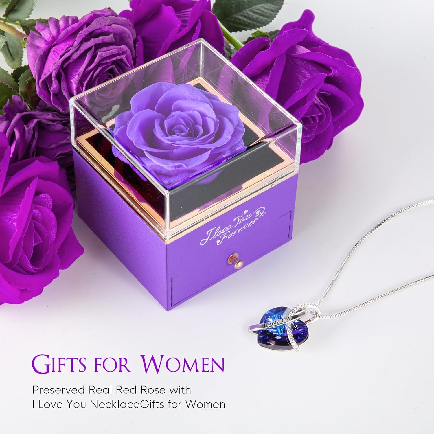 EleShow Preserved Real Purple Rose with Heart Necklace, Eternal Flowers Gifts for Mom Grandma Wife Girlfriend on Christmas, Valentines, Mothers Day, Anniversary, Birthday, I Love You Gifts for Her
