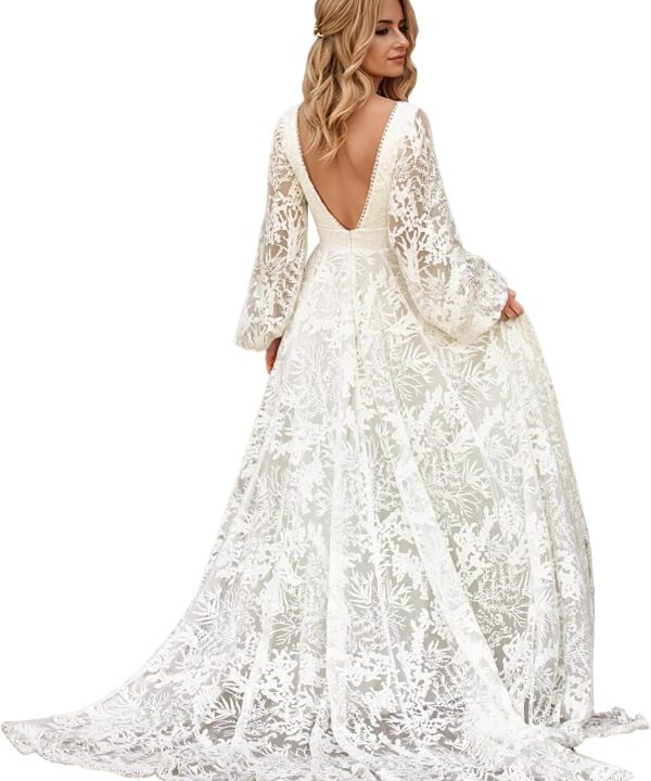Women's V Neck Lace Wedding Dresses for Bride 2025 Lace Appliques A Line Beach Wedding Gown