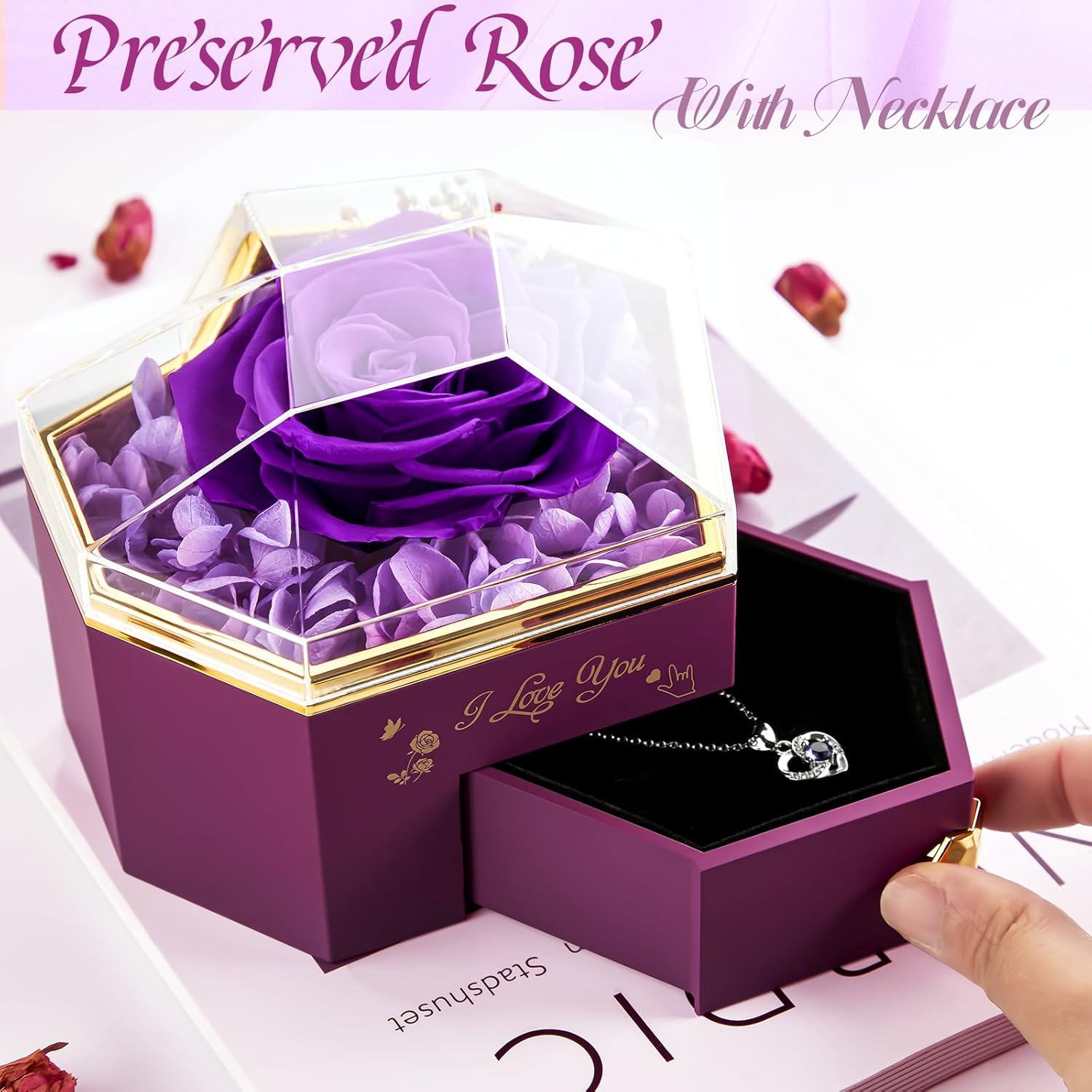 Heart Shape Preserved Real Rose Box with Necklace, Forever I Love You Roses Gifts for Her, Eternal Flowers Gifts for Women, Anniversary Thanksgiving Ideas – Purple