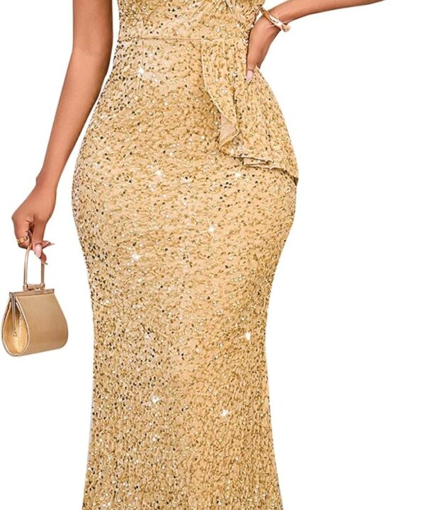 Cololura Women Sexy Sequin One Shoulder Mermaid Formal Party Cocktail Gowns Bodycon Evening Maxi Dress