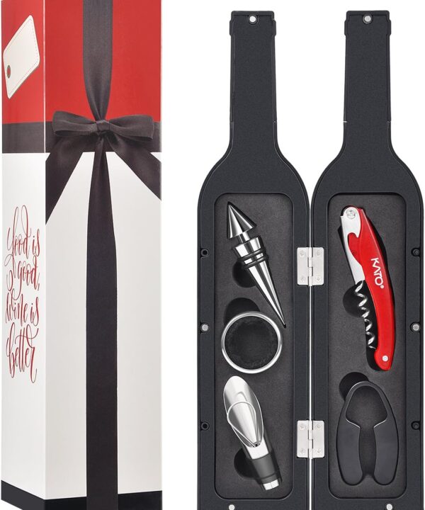 Wine Bottle Opener Gift Set - 5 Pcs Wine Corkscrew Screw pull Accessories for Game Winners Adults by Kato, Great Valentine's Gifts, Silver