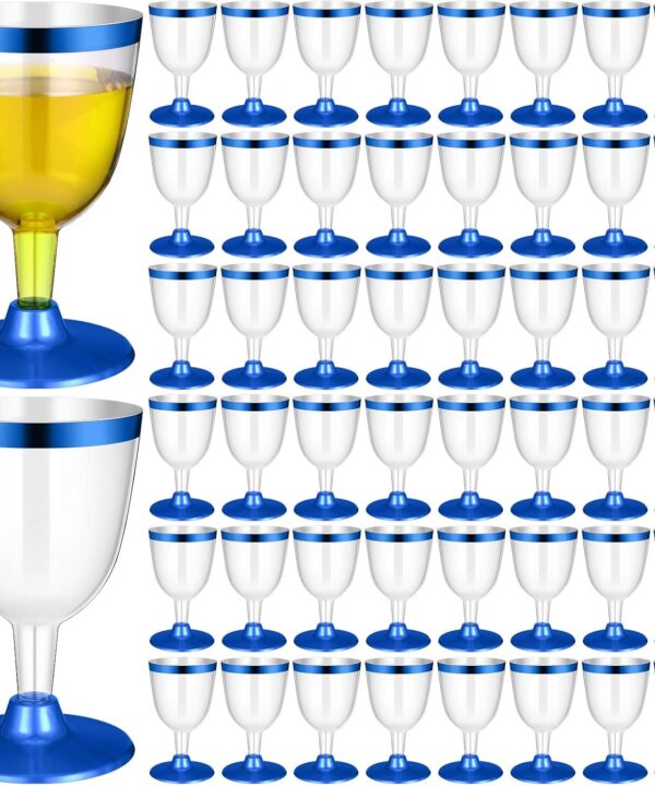 100 Pcs Blue Rimmed Cups Plastic Wine Glasses Disposable Champagne Flutes 6 oz Wine Cups Clear Toasting Glasses Mini Stemware for Wedding Bridal Shower Bachelorette Party