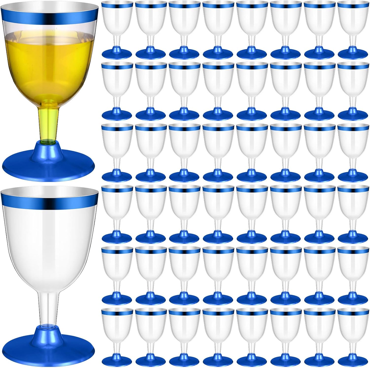 100 Pcs Blue Rimmed Cups Plastic Wine Glasses Disposable Champagne Flutes 6 oz Wine Cups Clear Toasting Glasses Mini Stemware for Wedding Bridal Shower Bachelorette Party
