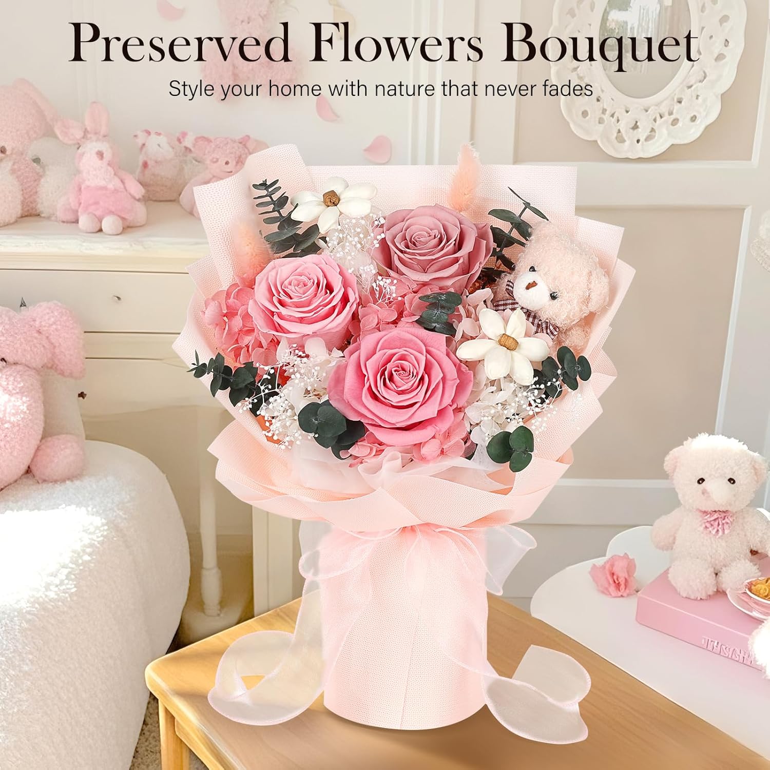 Preserved Flowers Bouquet with Bear, 3 Real Forever Flowers for Delivery, Long-Lasting Pink Eteranl Roses Bouquet Birthday Gifts for Women, Mother, Wife, Her