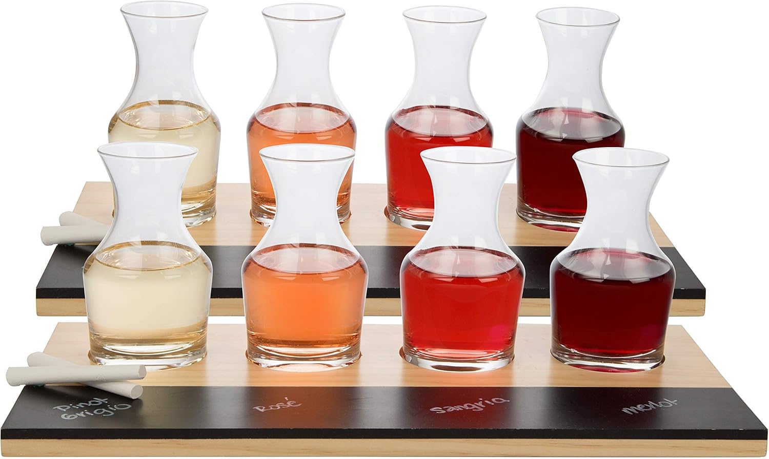 Wine Tasting Flight Sampler Boards (2Pk)- Set Includes Eight 6 oz Decanter Glasses & 2 Wood Chalkboards – Great for Charcuterie Boards, Wine Taste Testing, Date Nights – Holiday Xmas Gift Must Have