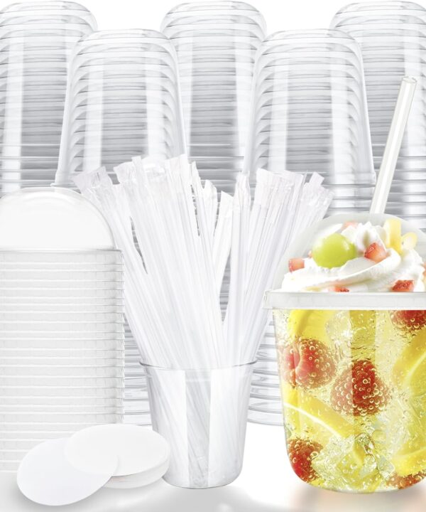 12oz Disposable Stemless Glasses With Dome Lids and Straws,PET Disposable Drinking Cups,Clear Plastic Wine Glasses for Parties Birthday,Wedding,Meeting,Christmas Party Supplies (100, Transparent)