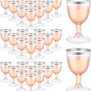 Thenshop 50 Pack 5 oz Plastic Champagne Flutes Clear Disposable Wine Glasses Cups with Stem Reusable Goblets Shatterproof Cocktail Cups for Mother's Day Wedding Party Holiday Dessert(Silver Rim)