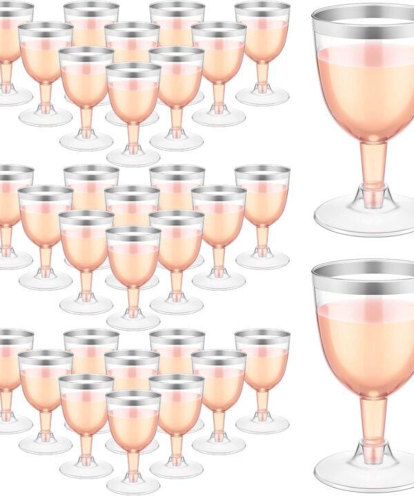 Thenshop 50 Pack 5 oz Plastic Champagne Flutes Clear Disposable Wine Glasses Cups with Stem Reusable Goblets Shatterproof Cocktail Cups for Mother's Day Wedding Party Holiday Dessert(Silver Rim)