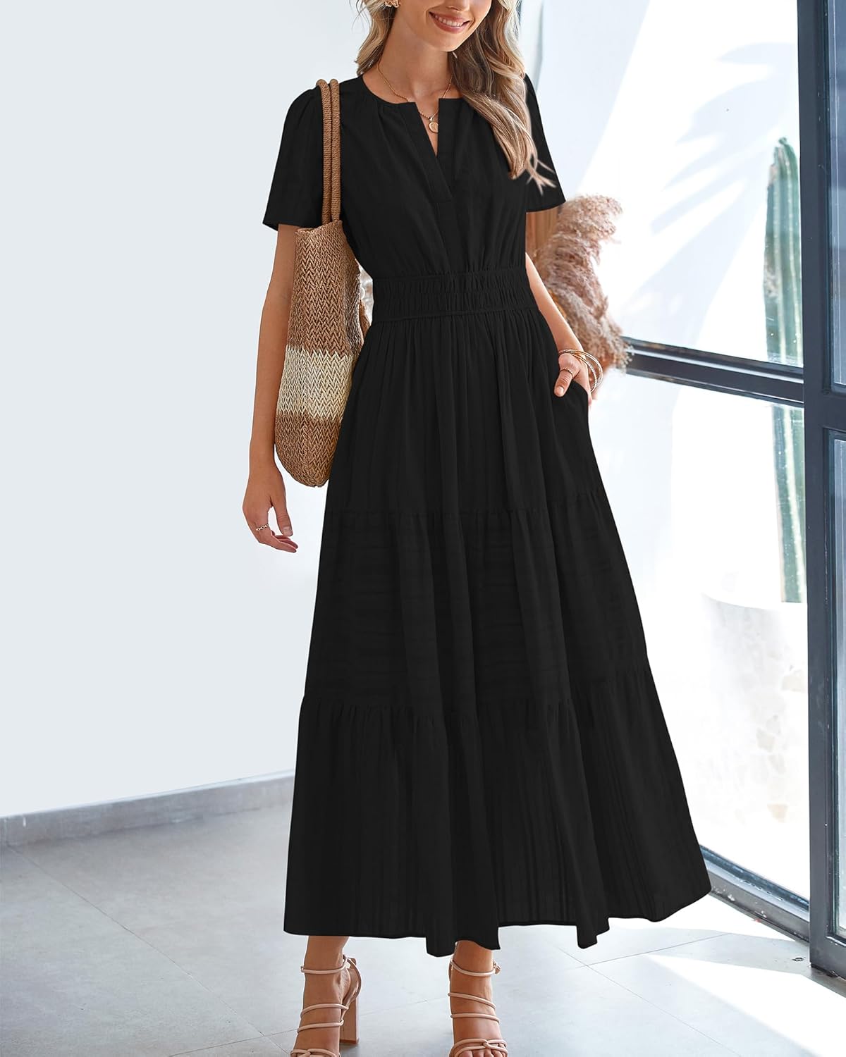 BTFBM Womens Summer 2025 Casual Midi Maxi Dresses Lightweight Short Sleeve V Neck Elastic Waist Boho Beach Dress Pockets