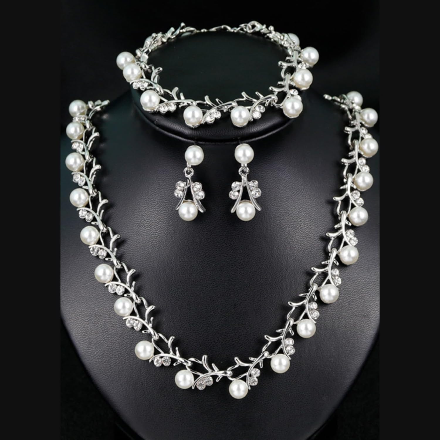 Rrdaily Rhinestone Pearl Wedding Jewelry Set for Bride Bridesmaid Bohemia Adjustable Beaded Crystal Bracelet Necklace Exaggerated Pearl Earring Set for Women