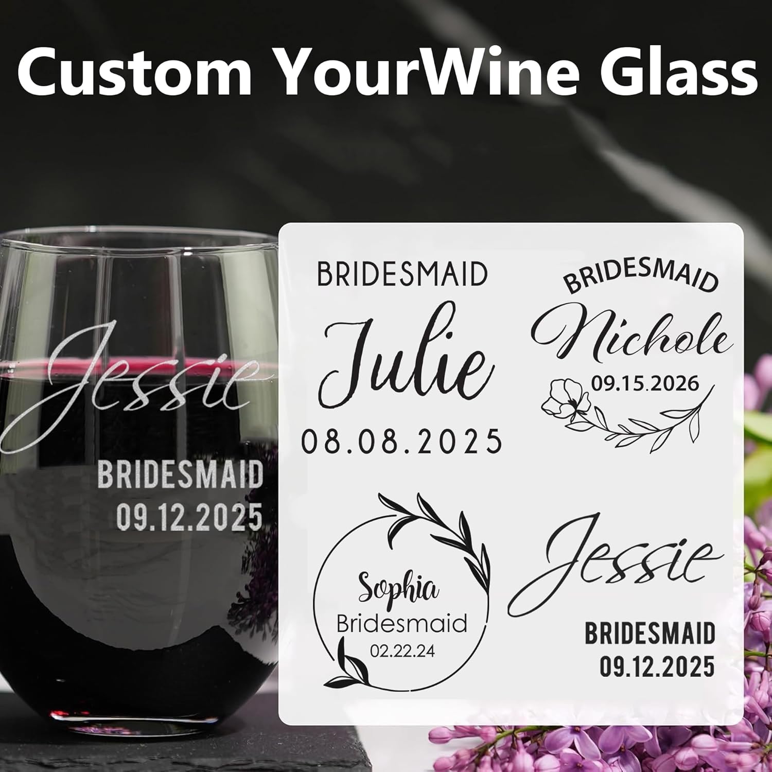 Personalized Wine Glasses Set, Custom 15oz Stemless Wine Glasses – Monogrammed Bridesmaids Wedding Glasses, Engraved Bride, Bridesmaid Gifts for Wedding Party (Wine-Stemless, 5 Pack)