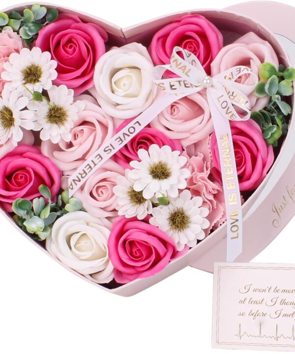 Artificial Soap Flower Pink Roses in Heart Shape Box Real Like Floral Gift for Mom Women Wife Girlfriend on Birthday, Anniversary, Valentine’s Day, Mother’s Day