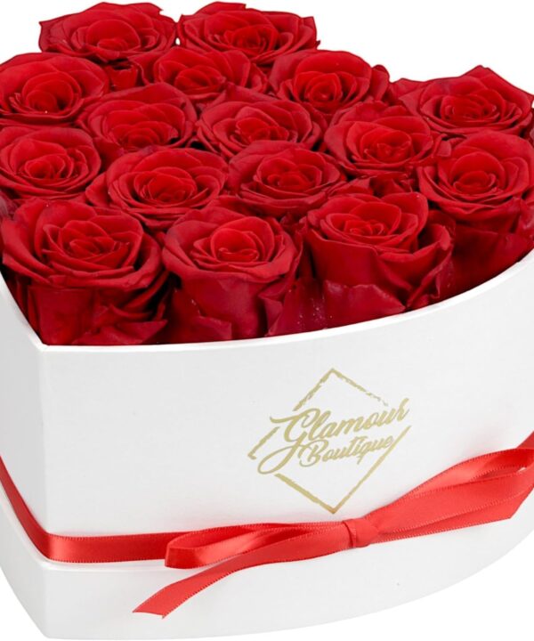 GLAMOUR BOUTIQUE Preserved Roses in a Box - Gifts for Her, Wife & Mom, Rose Flowers Forever Decor for Birthday Gift, Get Well Flower Bouquet Cased in White Box with Cover - Red - 16-Piece