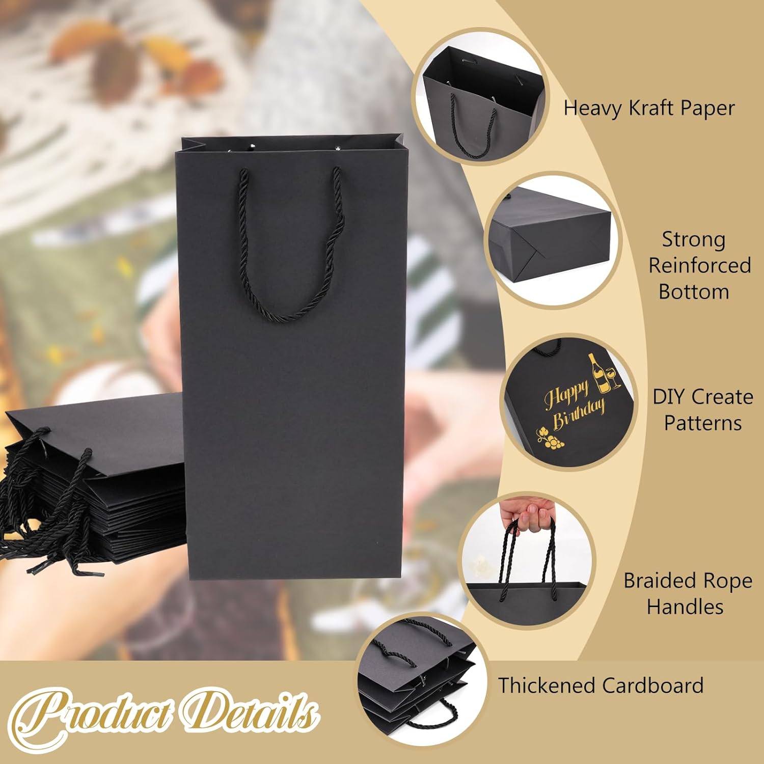 12 Pack 2 Bottles Wine Carrier Tote Holders, Black Paper Wine Champagne Gift Bottle Carrying Bags with Handles for Christmas Business Wedding Baby Shower