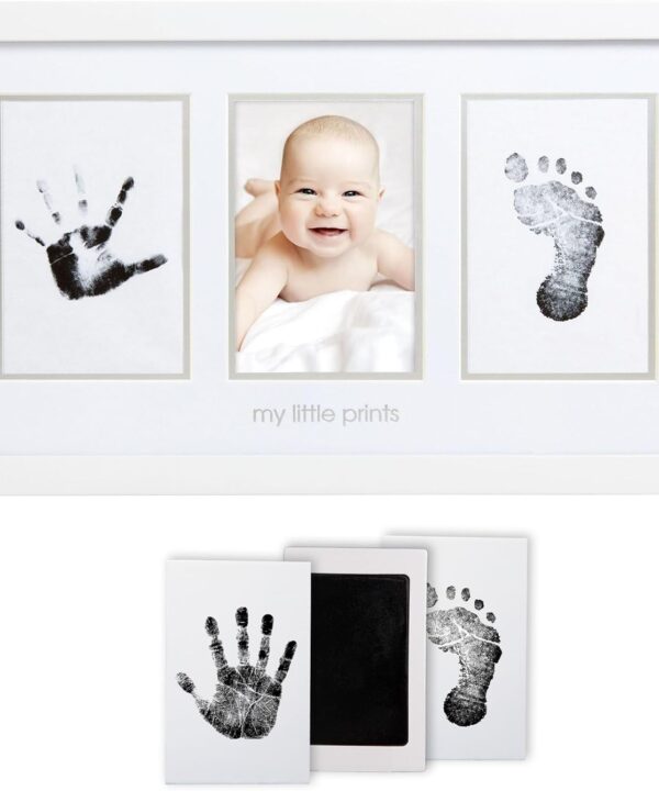 Pearhead Baby Hand and Footprint Kit - Inkless No Mess Clean-Touch Ink Pad, Newborn Keepsake Frame, Nursery Decor Essentials, Perfect Shower Gift for Boys and Girls, White