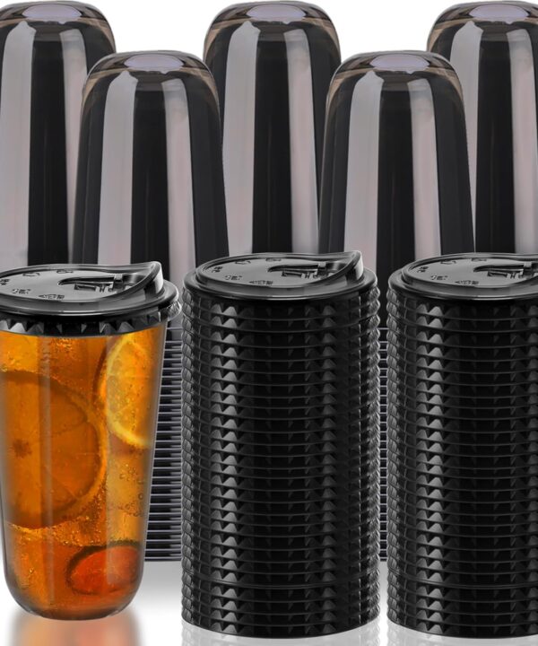 18oz Disposable Stemless Glasses With Strawless Sip Lids,PET Disposable Drinking Cups,Clear Plastic Wine Glasses for Parties Birthday,Wedding,Meeting,Christmas Party Supplies. (100, Black)