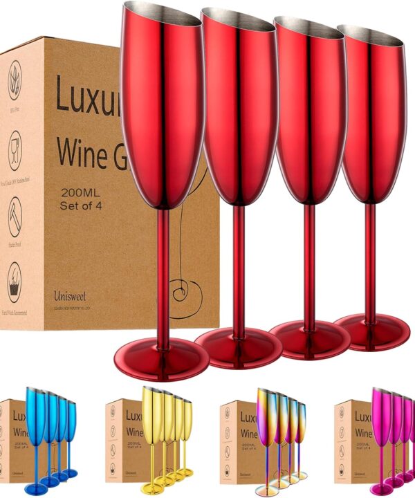 Champagne Flutes Set of 4,Stainless Steel Champagne Glasses For Wedding & Birthday Party,7oz Unbreakable Slanted-Mouth Champagne Glass With Elegant Long Stem