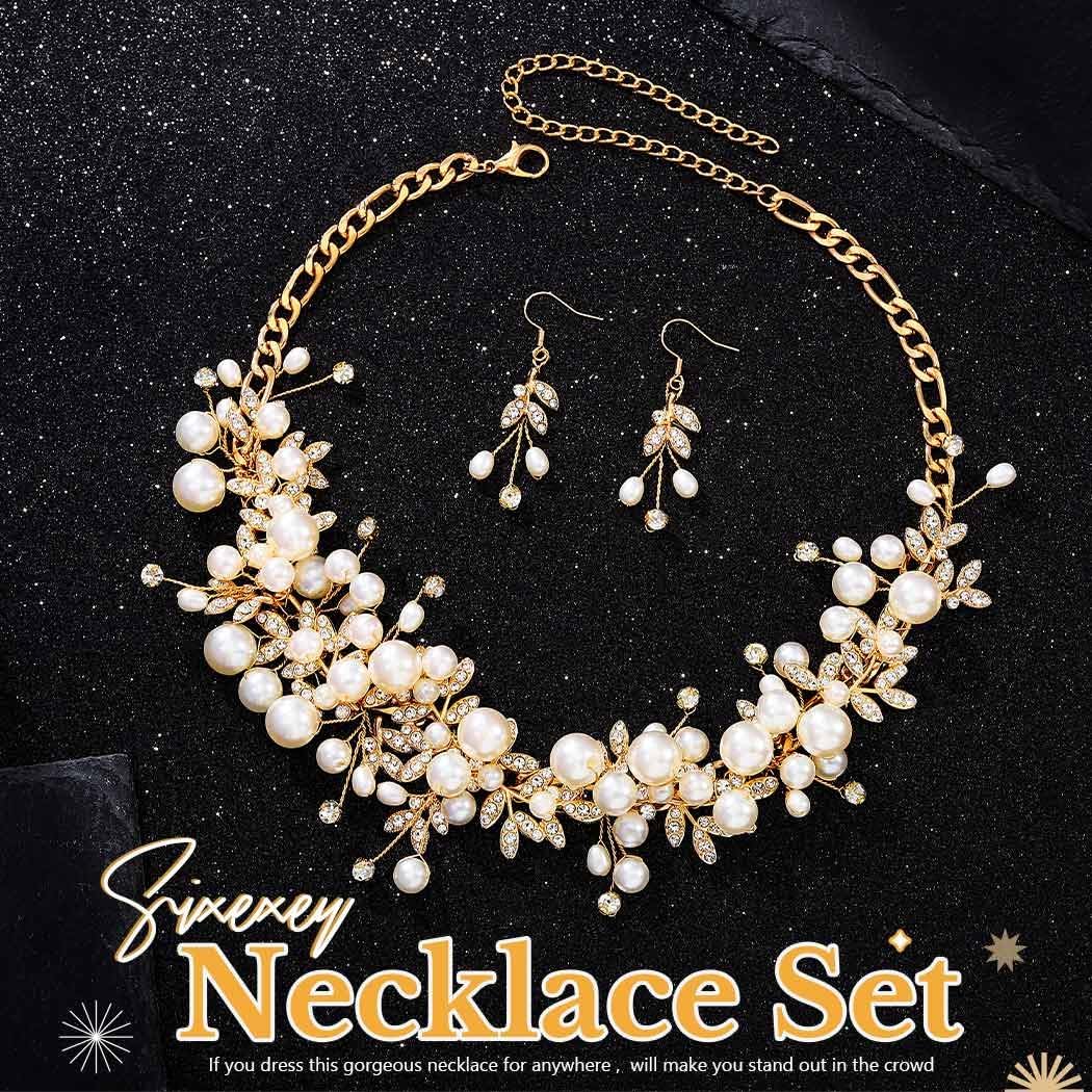 Sixexey Bridal Wedding Jewelry Set Gold Pearl Necklace Jewelry Crystal Rhinestone Necklace and Earrings Prom Costume Jewelry for Women and Brides