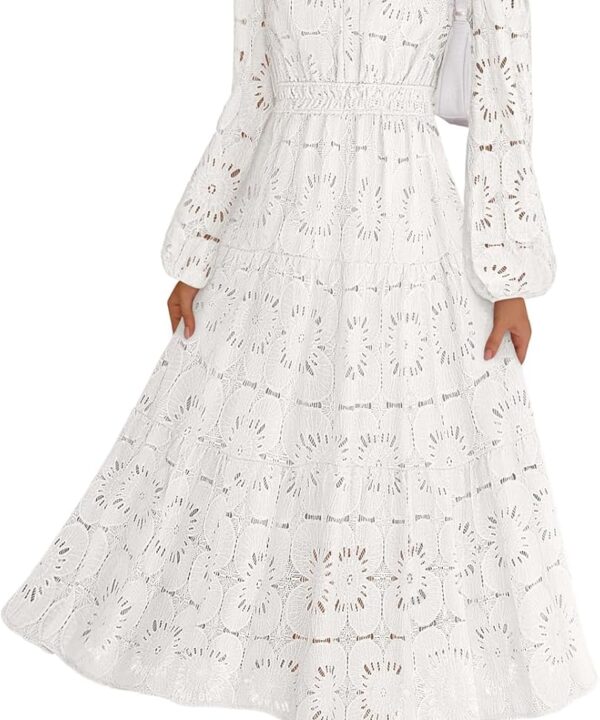 MEROKEETY Women's Fall Long Sleeve Floral Maxi Dress Lace Eyelet Hollow Out Tiered Boho Wedding Guset Dresses Pockets