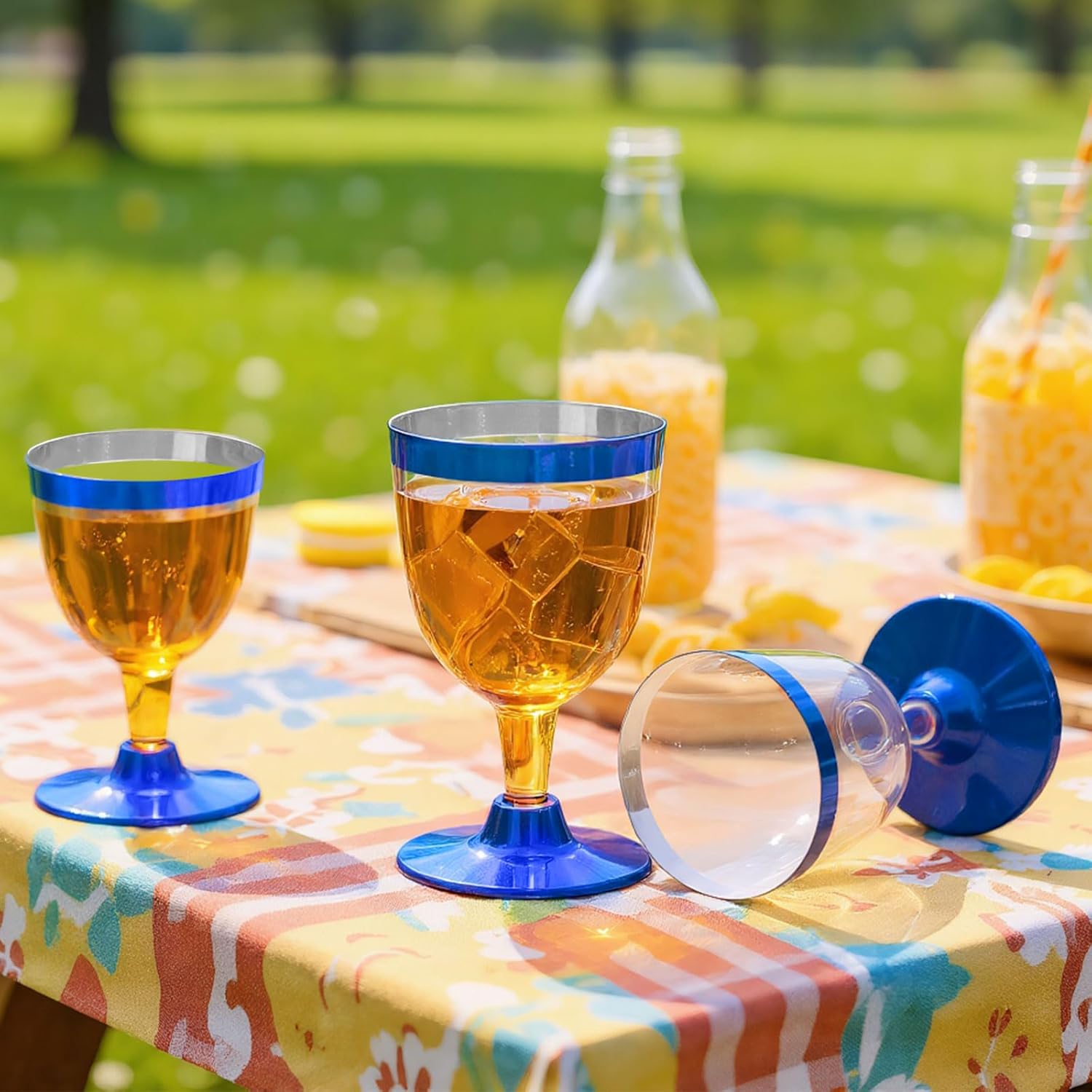 100 Pcs Blue Rimmed Cups Plastic Wine Glasses Disposable Champagne Flutes 6 oz Wine Cups Clear Toasting Glasses Mini Stemware for Wedding Bridal Shower Bachelorette Party