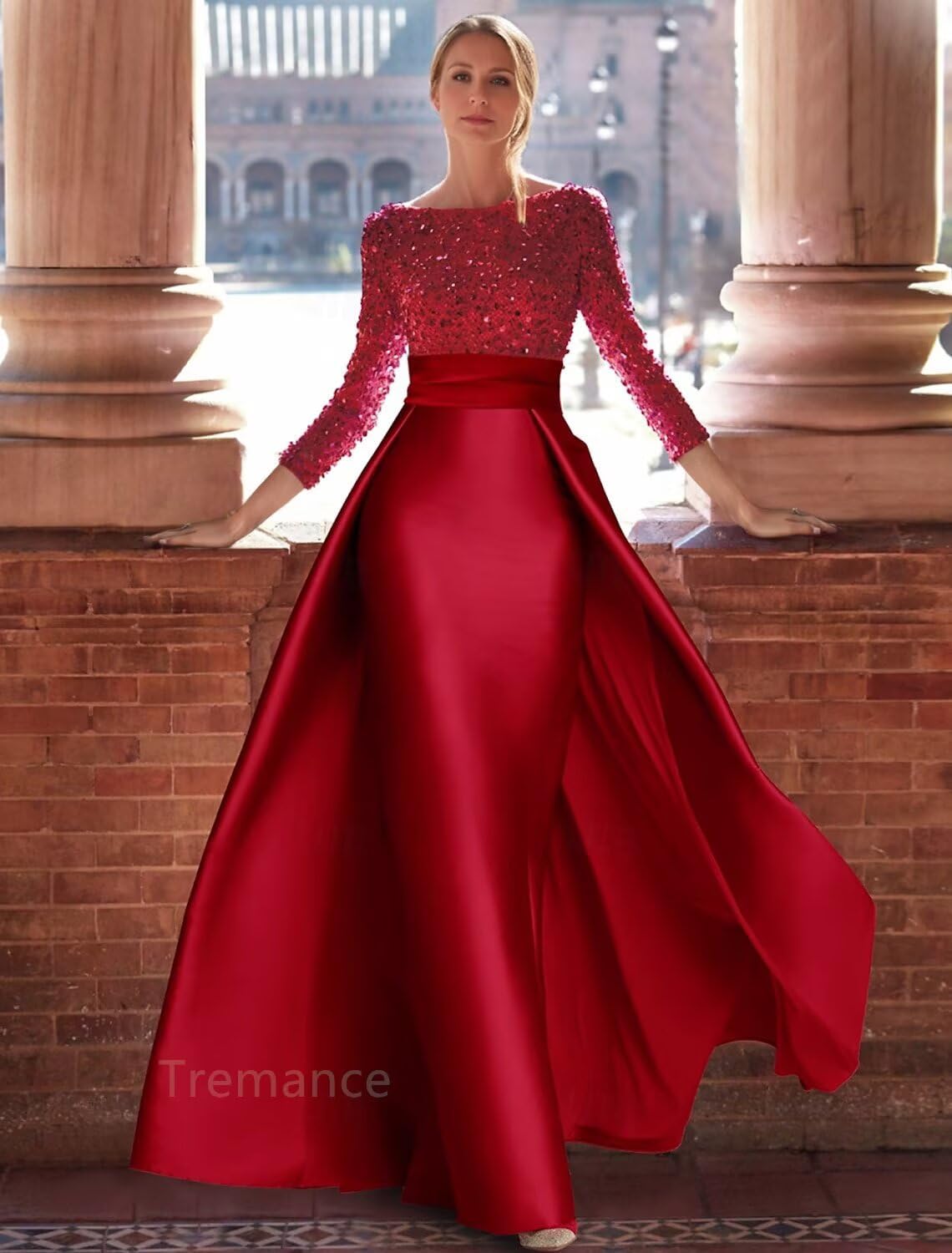 Long Sleeve Prom Dresses for Women Sparkly Sequin Evening Gowns Boat Neck Satin Formal Dress Overskirt