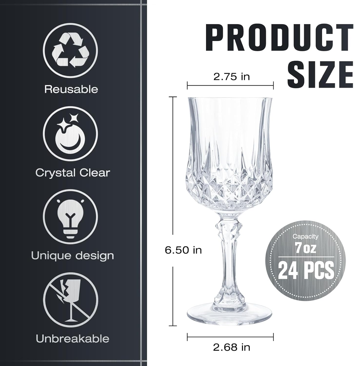 24 Pack 7 oz Plastic Wine Glasses with Stem, Vintage Crystal Clear Water Cordial Goblet Drinking Glasses, Unbreakable Reusable Drinkware for Wedding Reception Grand Event Party Bar Supplies