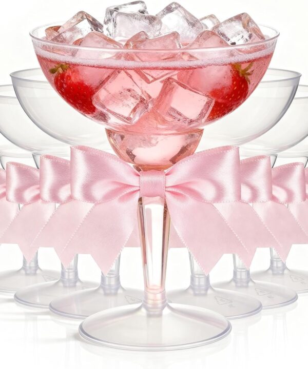 LemonRoad 24 Pcs Clear Plastic Martini Glasses with Pink Bows, 12 oz Disposable Plastic Margarita Cups, Shatterproof Cocktail Cups for Wine, Martini, Champagne and Weddings, Bridal Showers