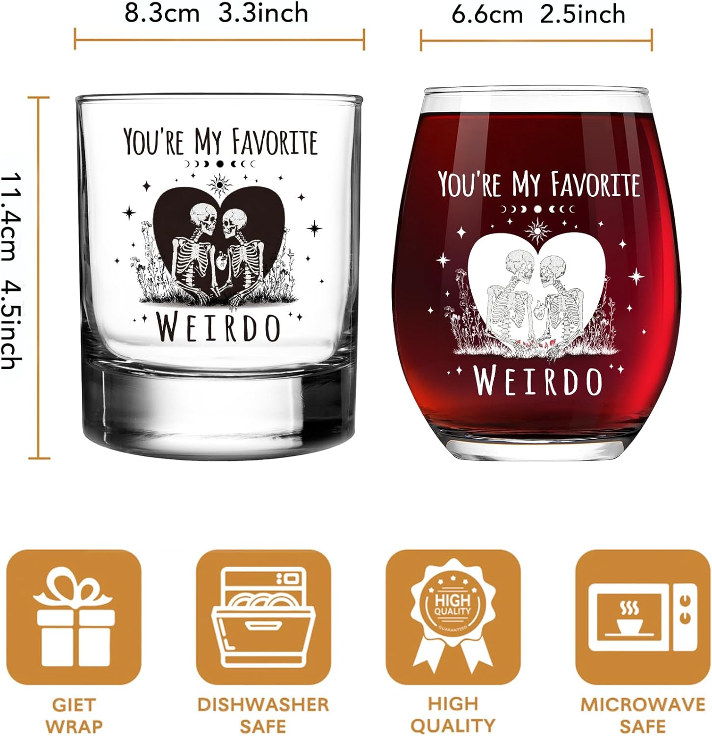Skull Wine and Whisky Glasses for Couple – ‘You’re My Favorite Weirdo’ His & Hers Gothic Set, Funny Wedding Engagement Gift for Newlyweds Bride Groom Bridal Shower -306