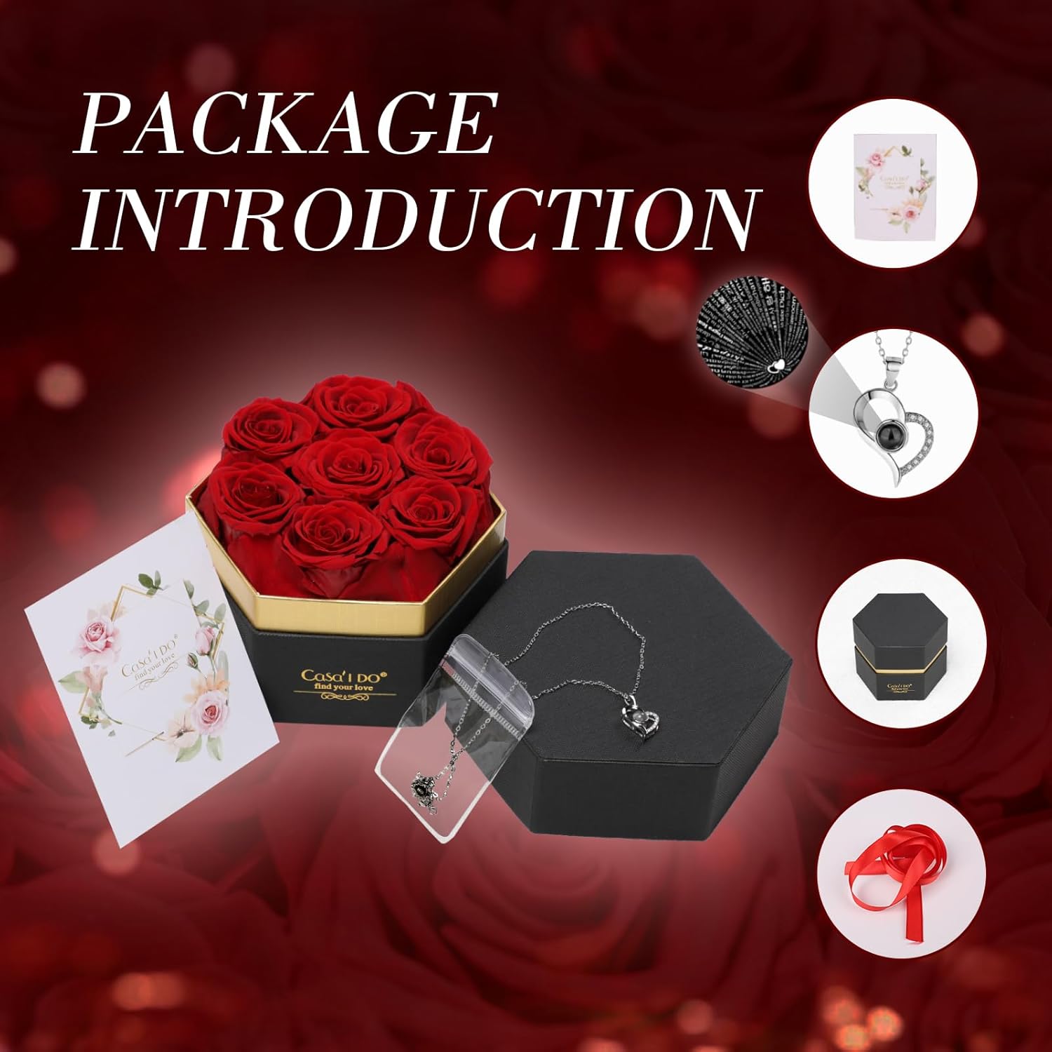 Preserved Roses Flowers for Delivery 7 Pcs, Forever Flores in a Box with Necklace, Eternal Rose Anniversary Birthday Gifts for Women Mom Wife Girlfriend, Rosas for Valentines Christmas, Red