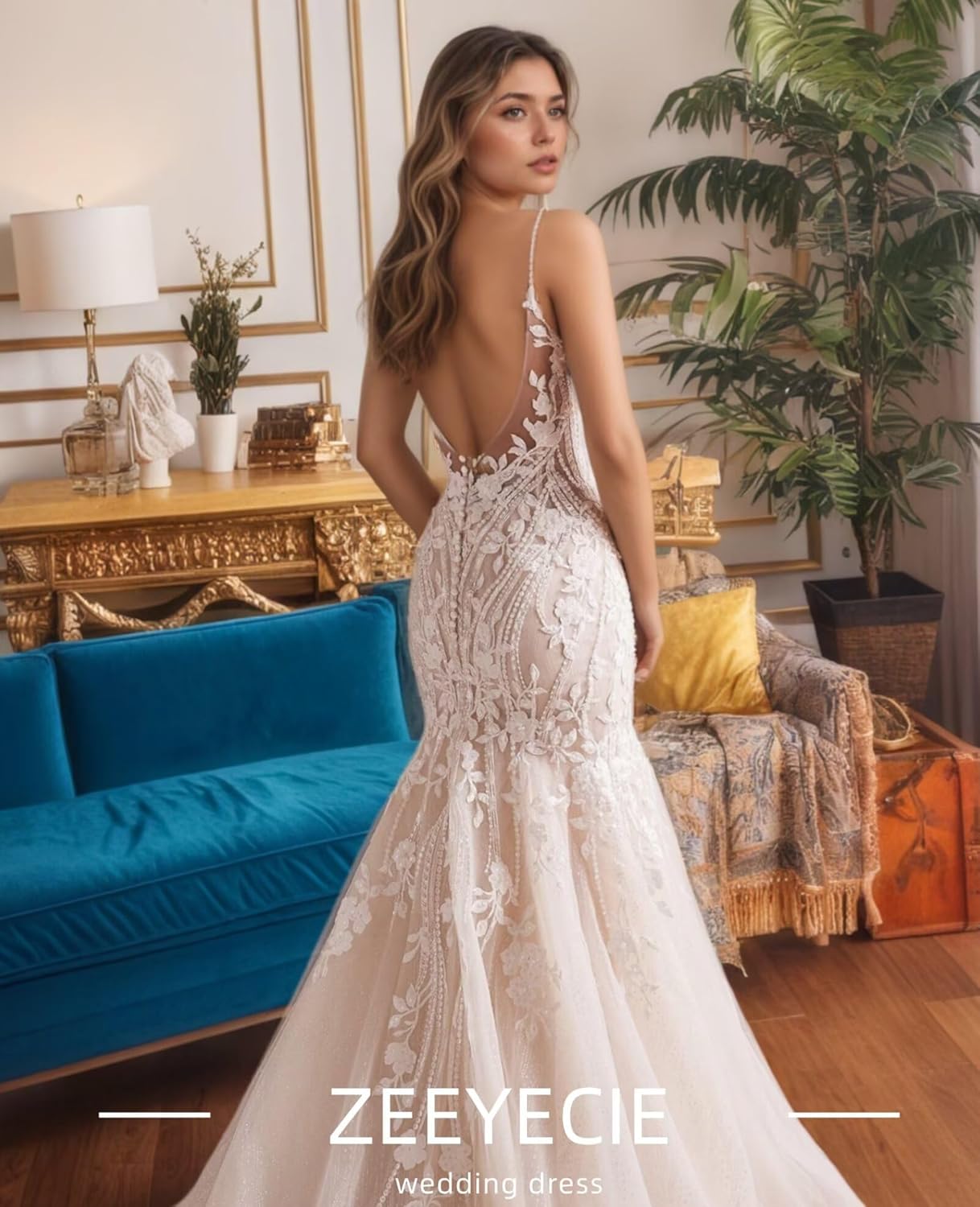 Zeeyecie Mermaid Tulle Wedding Dresses Lace Applique Corset V-Neck Sparkly Bridal Gowns with Train for Brides