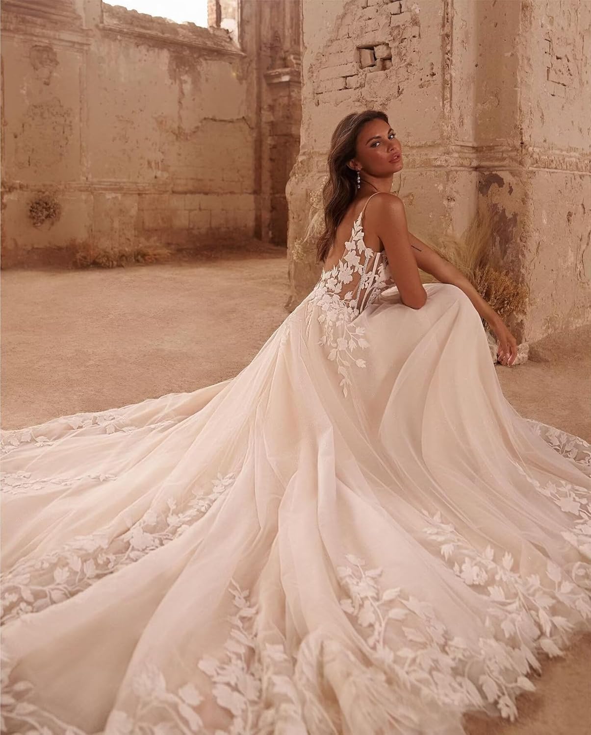 Women’s Long Beach Wedding Dresses for Wedding 2025 Lace Applique Tulle Bridal Gowns HC013