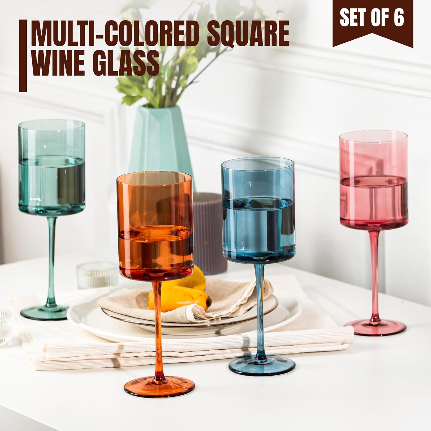 Chouggo Colored Square Wine Glasses Set of 6, Hand Blown Long Stem Premium Crystal White Red Wine Glass, Great Gifts for Wife & Mom, Wedding, Anniversary, Christmas, Birthday