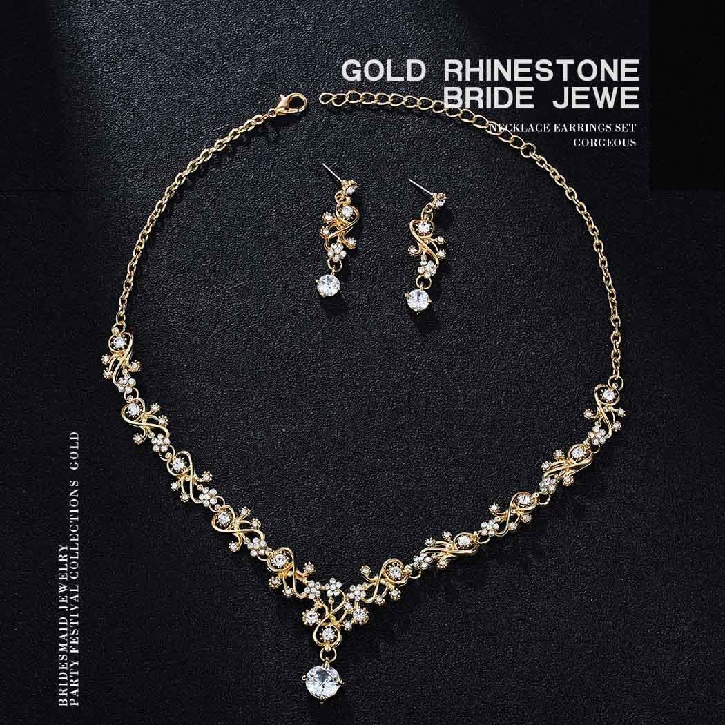 Wedding Necklace Bride Rhinestone Floral Necklace Earring Set Bridal Sets Prom Party Teardrop Dangle Necklace and Earring Drop