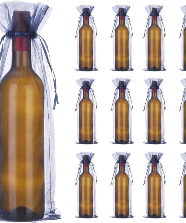 uxcell 30pcs Organza Wine Bags, 15x5.5 Sheer Mesh Wine Gift Pouches with Drawstrings for Wedding, Birthday and Shower Party Favor, Navy