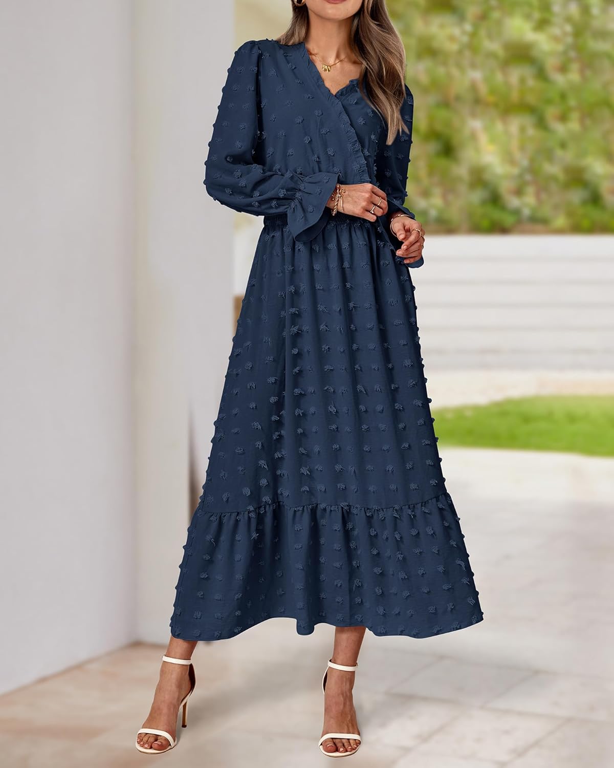BTFBM Women Fall Maxi Dresses 2025 Long Sleeve V Neck Swiss Dots High Waisted A-Line Ruffle Boho Long Dress Vacation