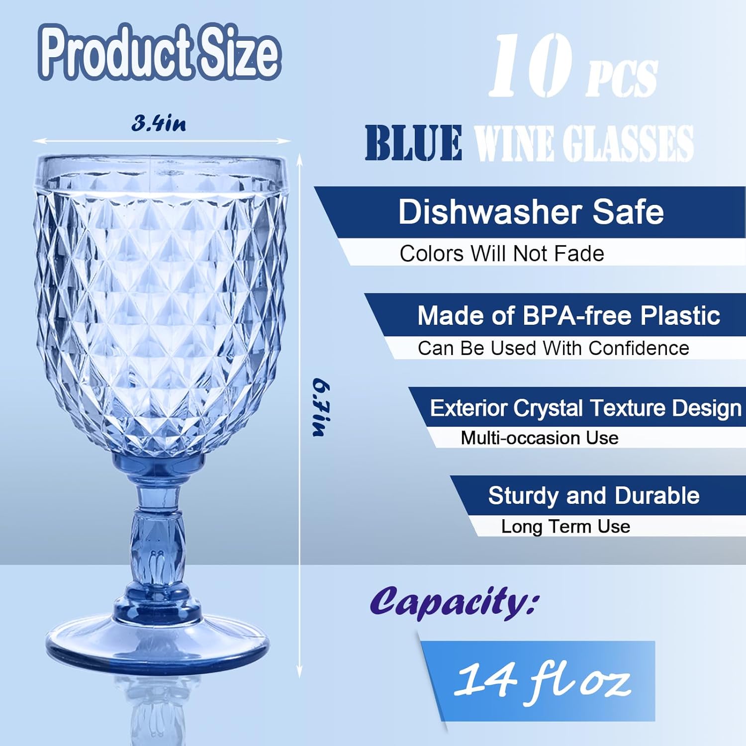 10 Pcs Blue Plastic Wine Glasses,Plastic Goblets for Parties, Sturdy and Durable Wine Glasses Can be Used for Weddings, Everyday Fun Parties and More!