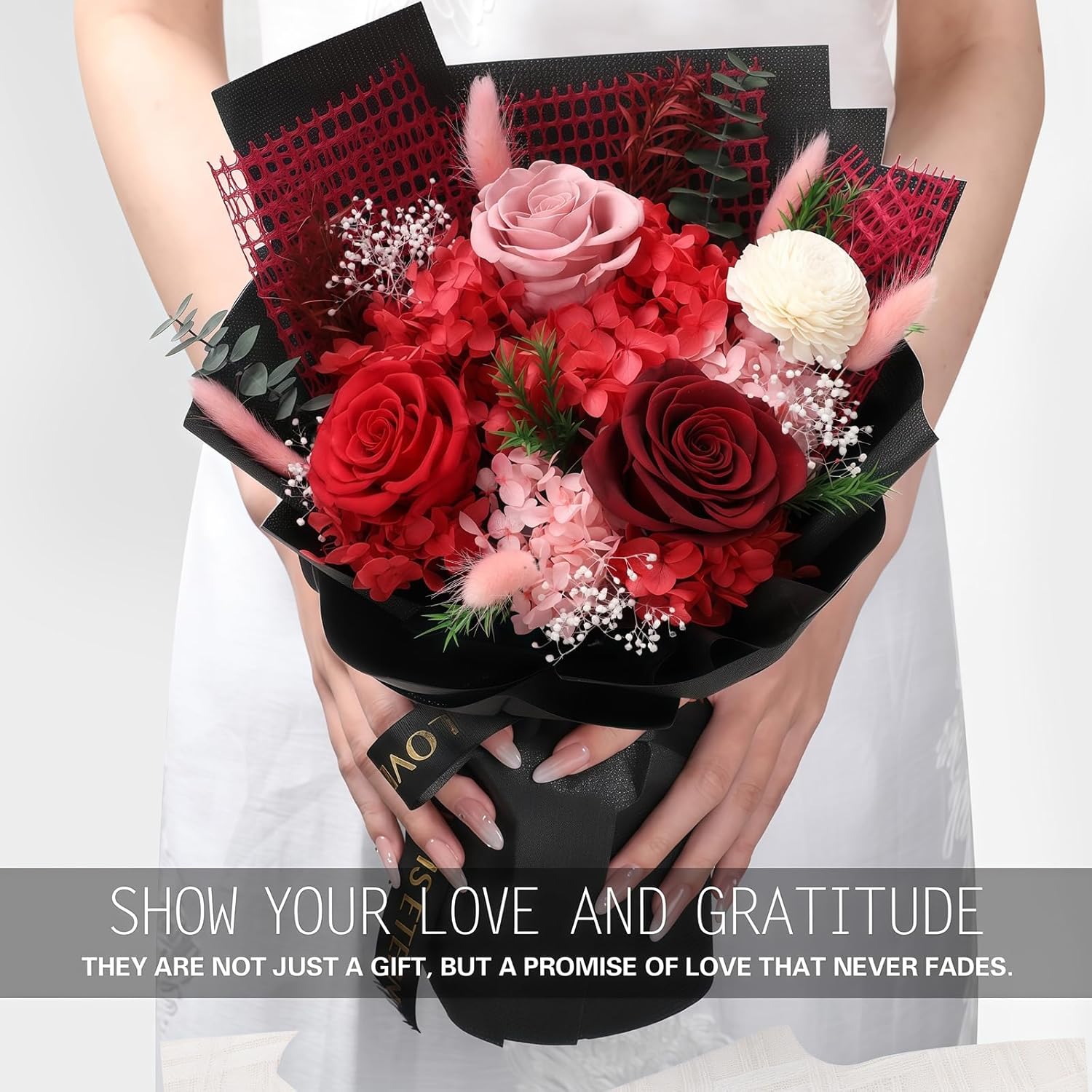 Preserved Flowers for Delivery, Red Flower Bouquets with Necklace, Forever Real Roses Anniversary Birthday Gifts for Women Mom Wife Girlfriend, Fresh Flowers for Valentines Day Christmas