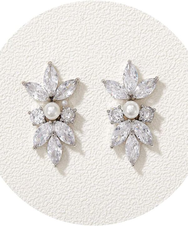 SWEETV Marquise Cubic Zirconia Wedding Bridal Stud Earrings for Brides Bridesmaids, Crystal Pearl Rhinestone Stud Earrings for Women Prom Party Jewelry Gifts