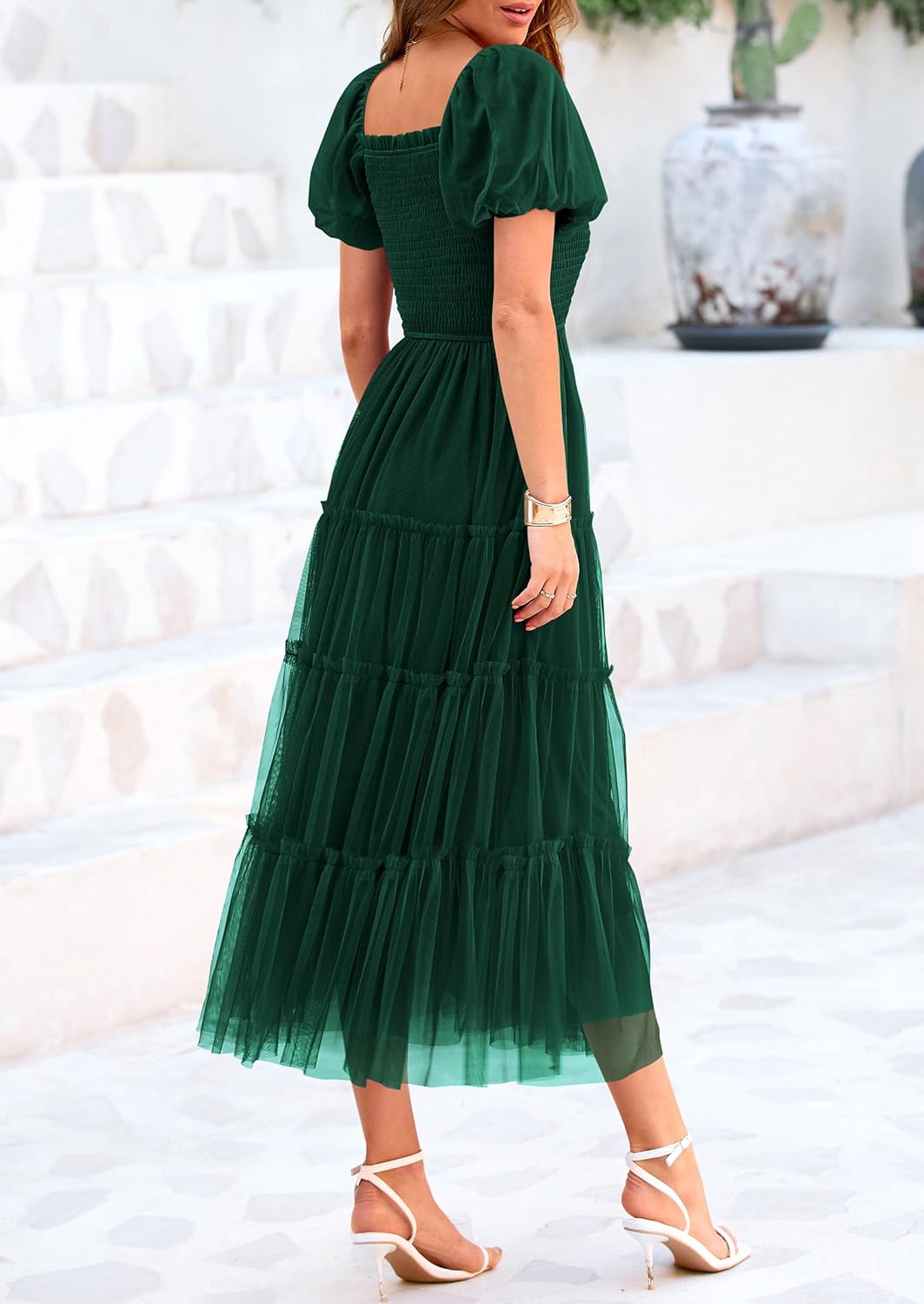 PRETTYGARDEN Women’s Smocked Midi Tulle Dress 2025 Summer Puffy Short Sleeve Square Neck Ruffle Wedding Guest Party Dresses