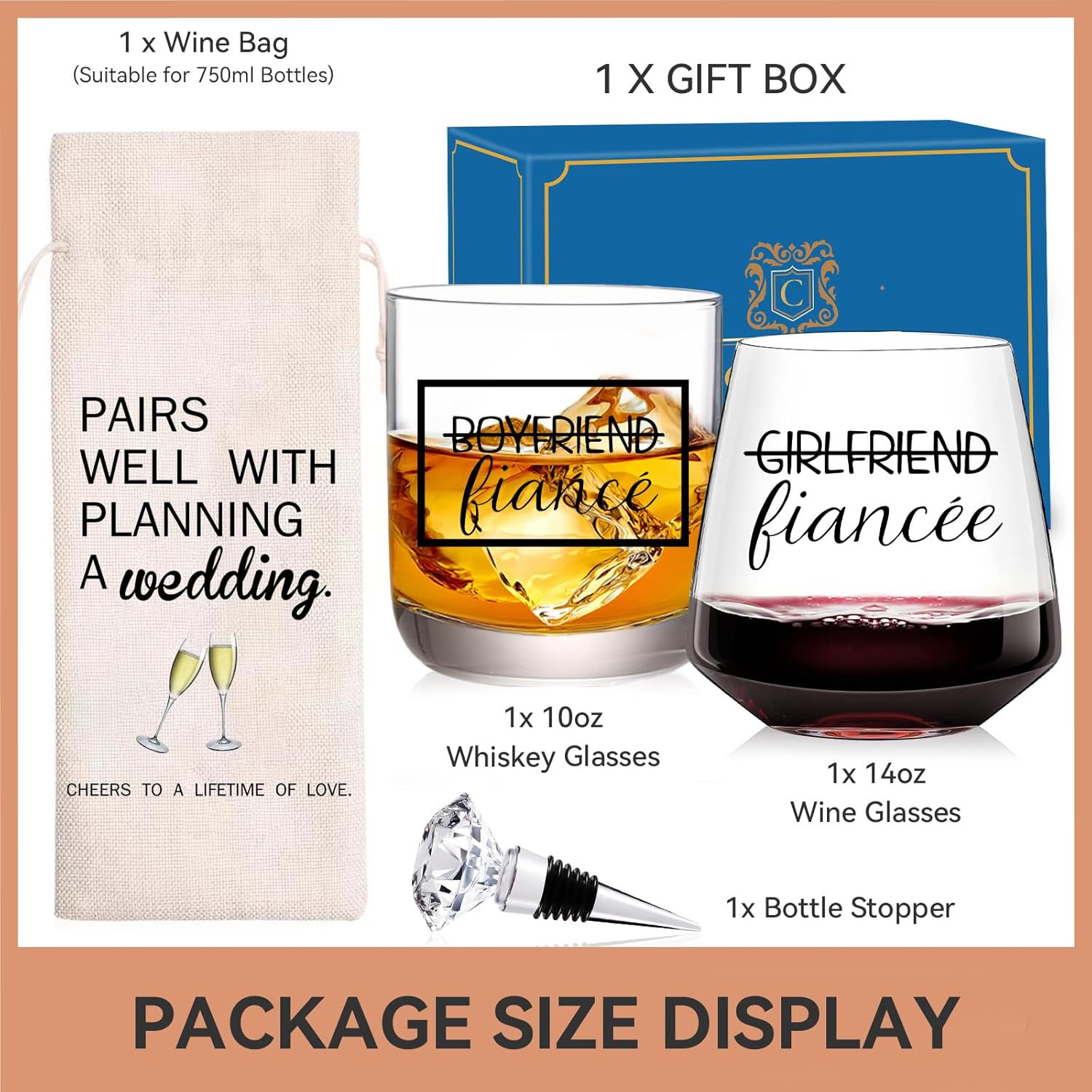 Engagement Gift Set – 4 Pcs Newly Engaged Gifts for Couple, Bride, Fiance – Party Gifts With Wine Bag and Diamond Wine Stopper