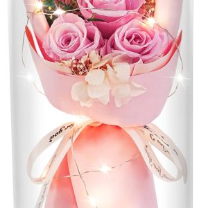 HVY Preserved Flowers Gifts for Her,Preserved Rose Bouquet in Glass Dome,Forever Flowers Fresh Bouquet Present for Women Mothers Day Birthday Gifts for Mom Wife Grandma,Pink Real Rose