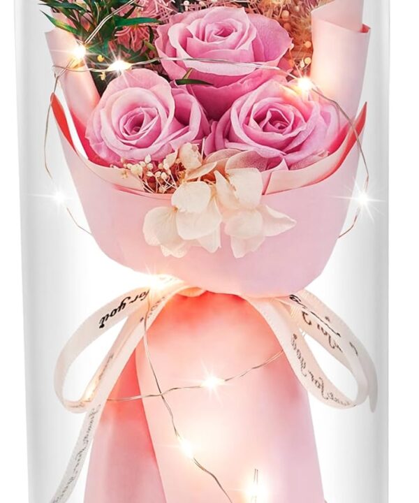 HVY Preserved Flowers Gifts for Her,Preserved Rose Bouquet in Glass Dome,Forever Flowers Fresh Bouquet Present for Women Mothers Day Birthday Gifts for Mom Wife Grandma,Pink Real Rose