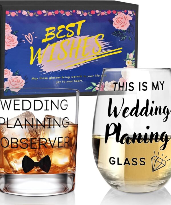 Wedding Gifts for Couples - Wine and Whiskey Glass with Gift Box, Cool Wedding Gifts for Bride and Groom, Engagement Gift for Newlywed