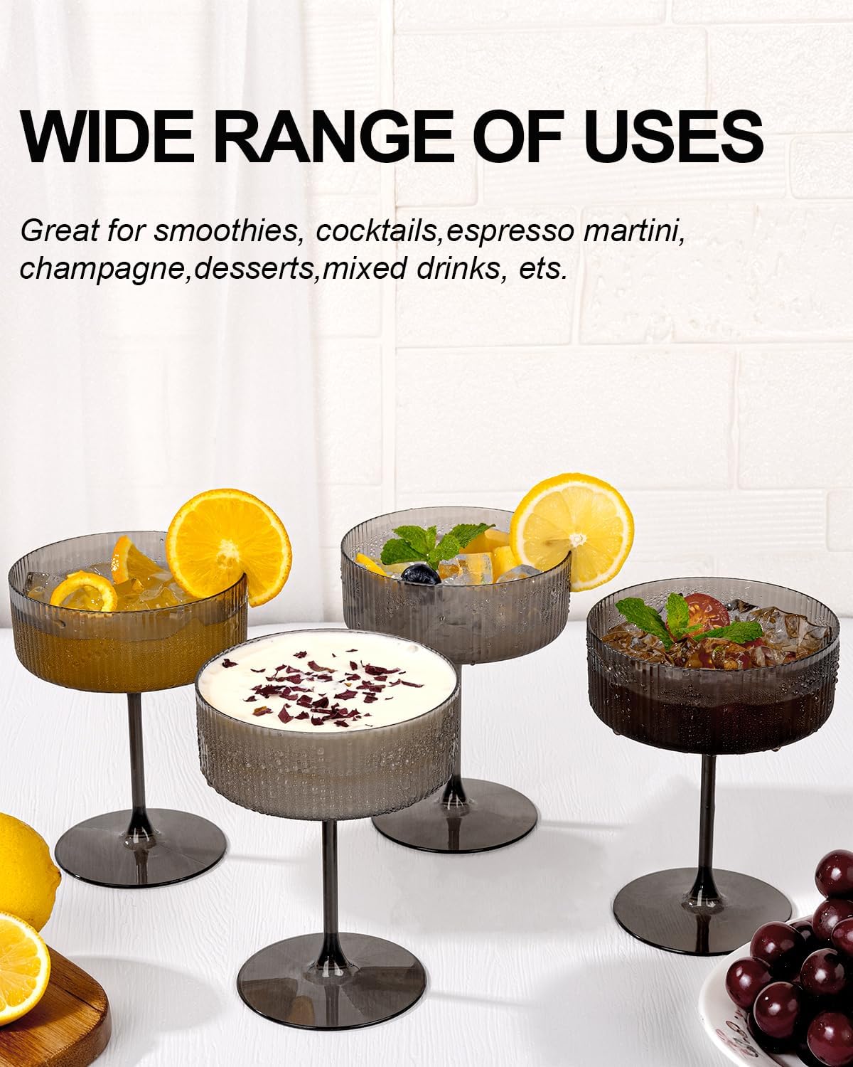 Ciaell 12PCS Plastic Ribbed Martini Glasses – 10 Oz Black Disposable Coupe Glasses with Stem – Heavy Duty Margarita Cups for Bars, Cocktails, Whiskey, Parties & Wedding & New Year