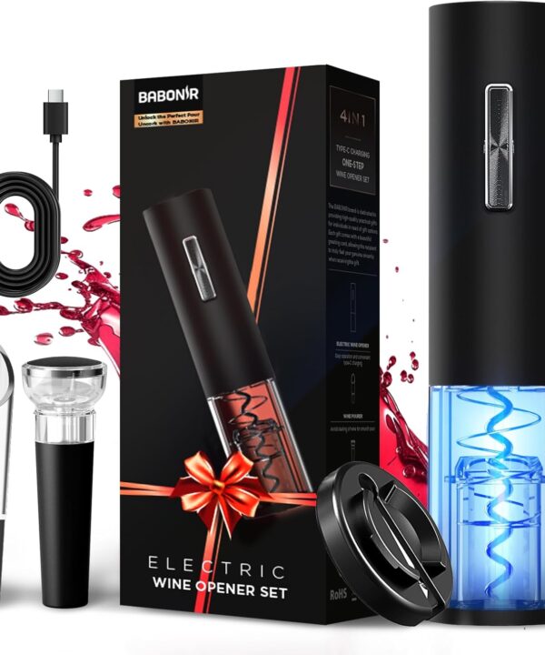 Electric Bottle Wine Opener Set, Automatic Electronic Corkscrew with Blue Led Indicator, Vacuum Stopper, Pourer, and Foil Cutter, Perfect for Home, Party and Wedding, Rechargeable