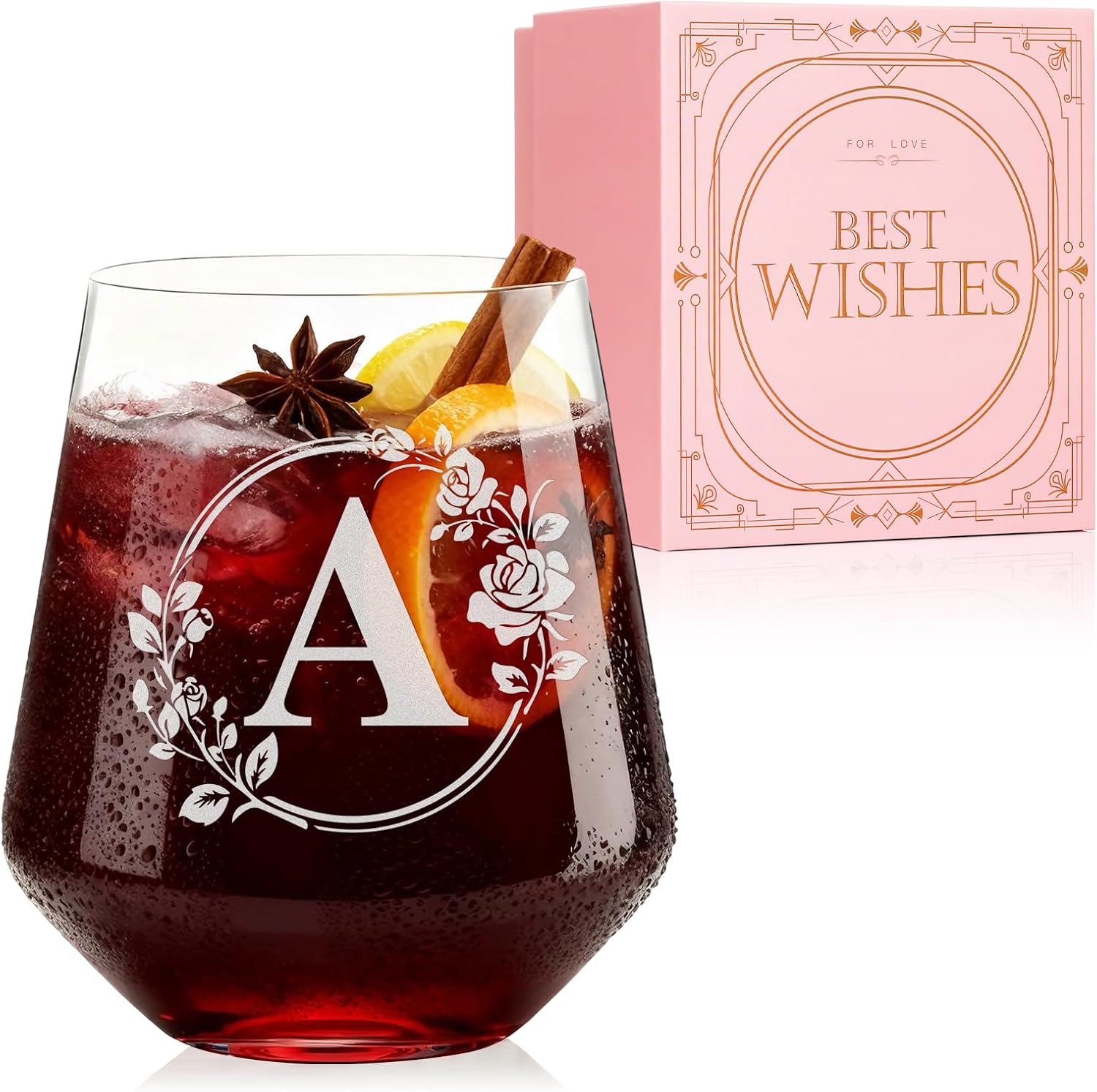 Personalized Stemless Wine Glass – Custom Engraved Monogrammed Initial Glasses,Bridal Shower, Birthday, Wedding, or Engagement Gift for Women Her-A