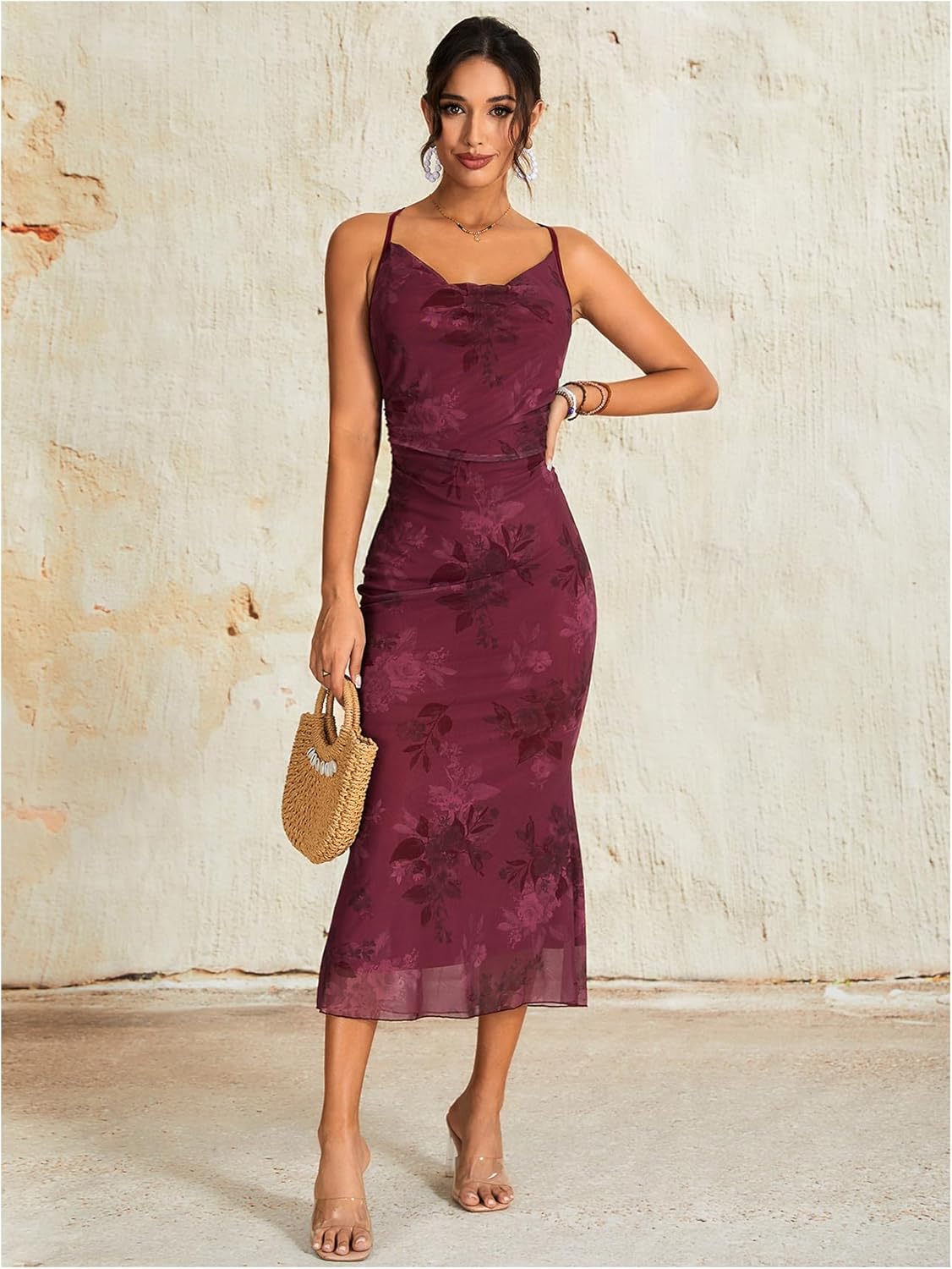 Milumia Women’s Floral Cowl Neck Bodycon Maxi Dress Mesh Long Dresses Cocktail Party Fall 2025