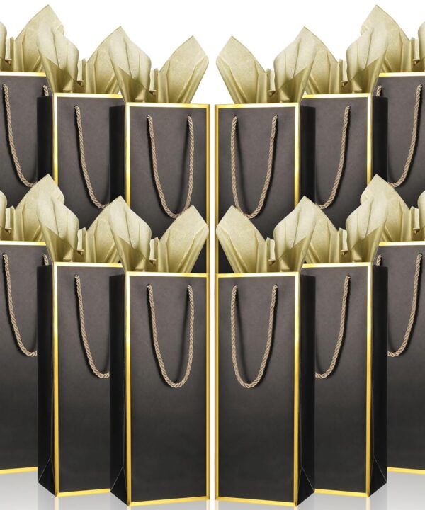 TaoBary 50 Pcs Wine Gift Bags and Gold Wrapping Paper Set Wine Bags for Bottle Bulk 4 x 5 x 13 Inch Champagne Gift Paper Sack with Handles for Christmas Appreciation Wedding Anniversary(black,30 Pcs)
