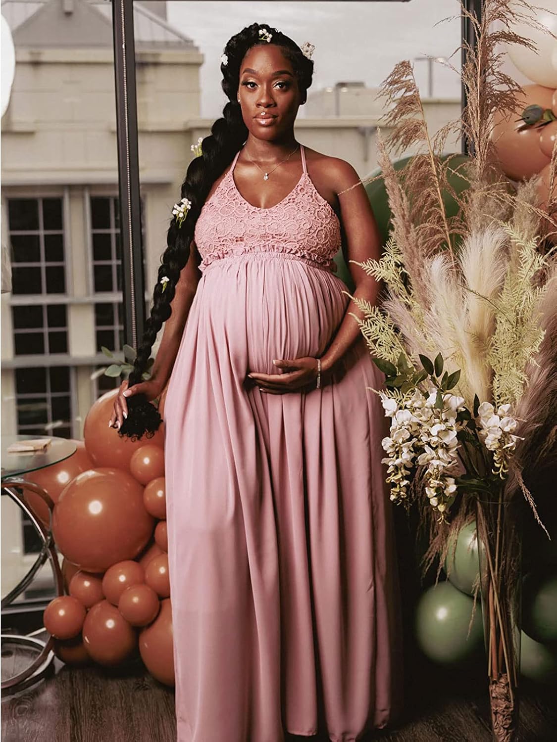 Ladmous Womens V Neck Floral Lace Wedding Dress Sleeveless Bridesmaid Evening Party Maxi Dress