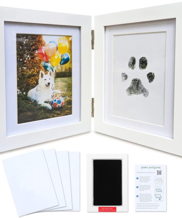 Green Pollywog | Paw Print Pet Keepsake Hinge Photo Frame + Ink Pad Kit | Dog Paw Print Kit | Extra-Large Ink Pad Included | 4 x 6 Picture Openings